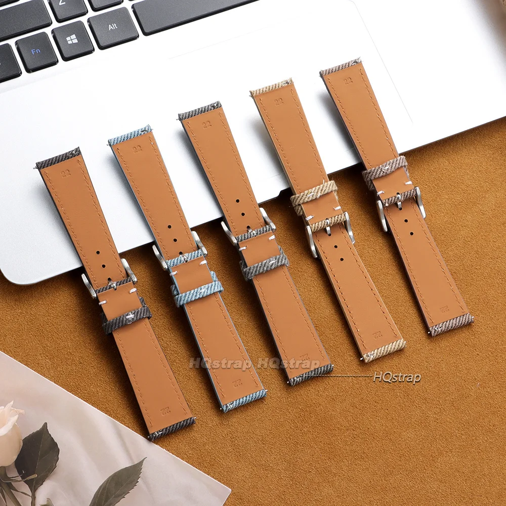 Quick Release Vintage Denim Pattern Watch Band 18mm 20mm 22mm Stitching Cowhide Strap for Seiko Canvas Sport Wrist Bracelet