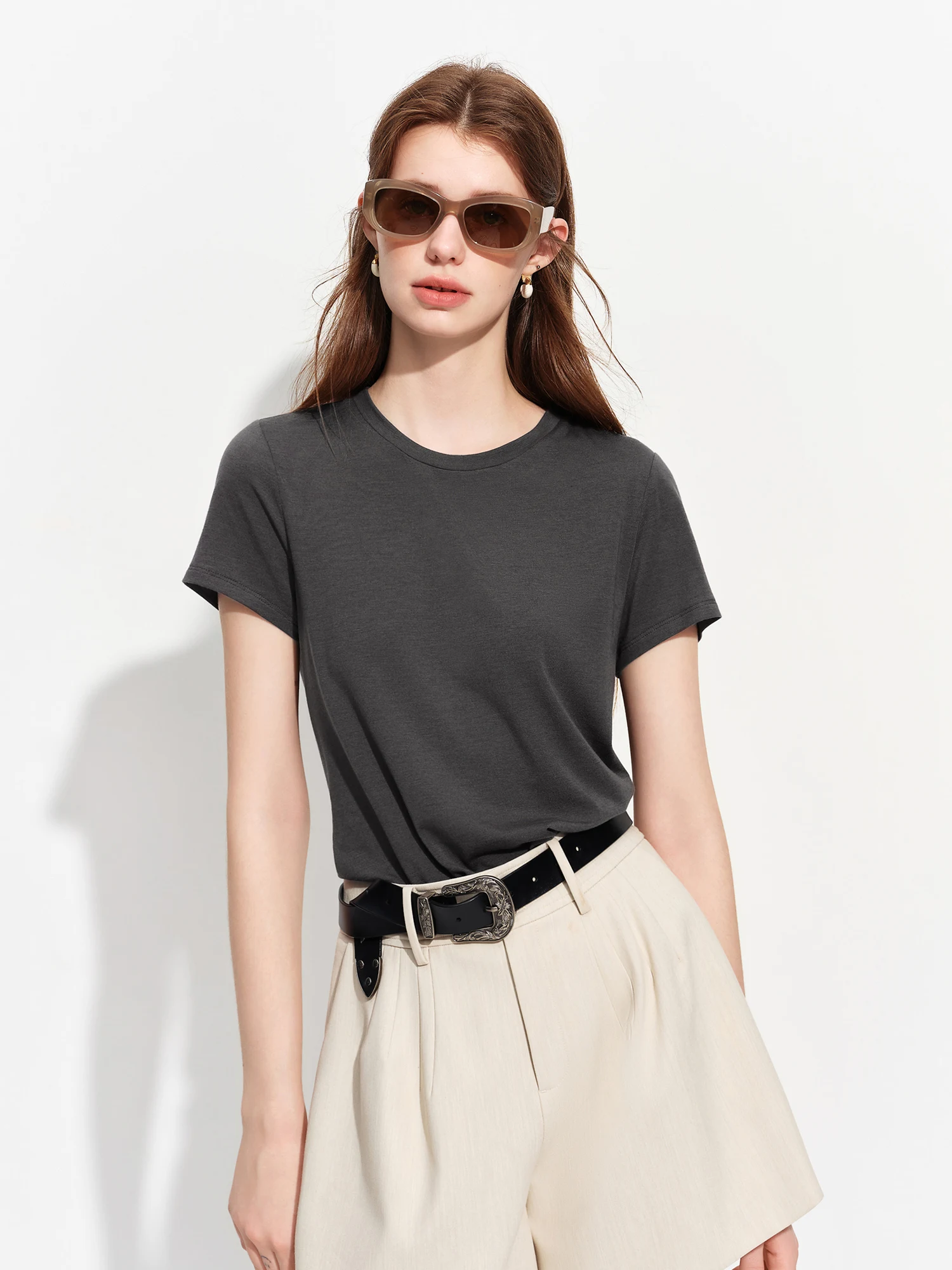 FSLE 2026 Summer Women's Soft Skin-Friendly Short Sleeve U-Neck & Round Neck Structured Shoulder Tee