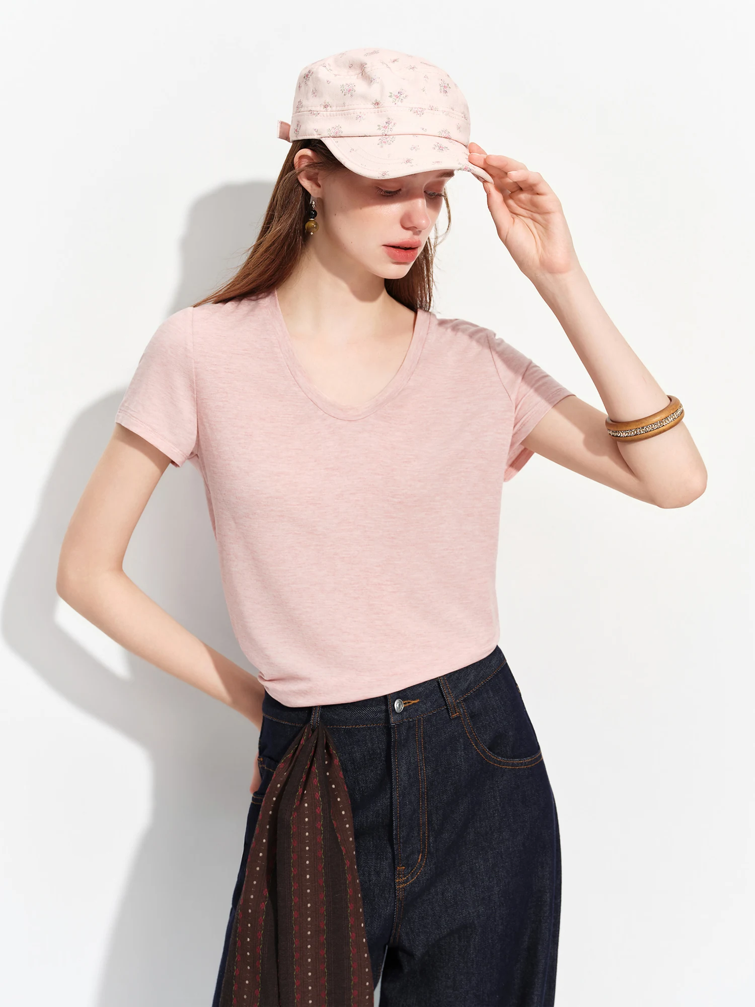 FSLE 2026 Summer Women's Soft Skin-Friendly Short Sleeve U-Neck & Round Neck Structured Shoulder Tee