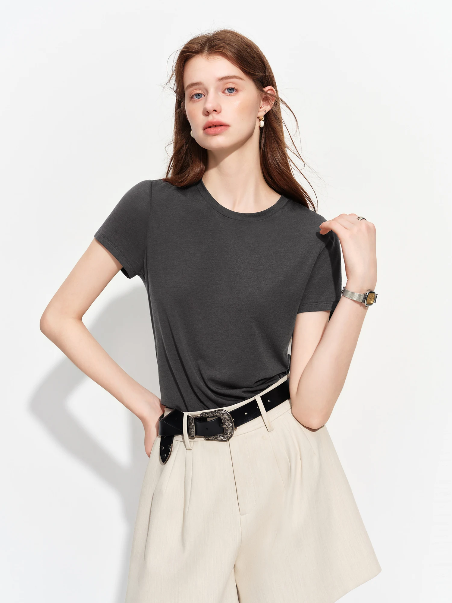 FSLE 2026 Summer Women's Soft Skin-Friendly Short Sleeve U-Neck & Round Neck Structured Shoulder Tee