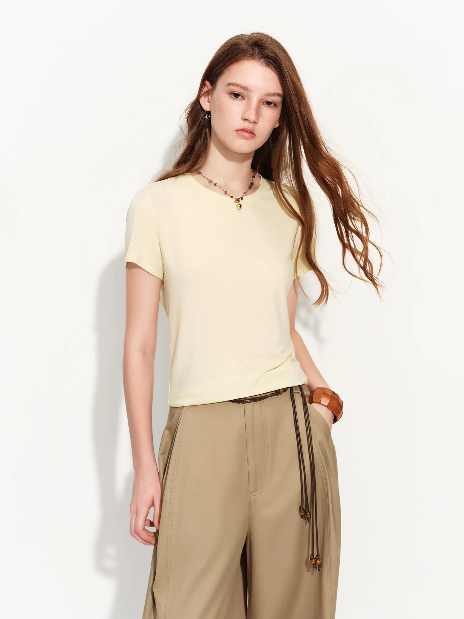 FSLE 2026 Summer Women's Soft Skin-Friendly Short Sleeve U-Neck & Round Neck Structured Shoulder Tee