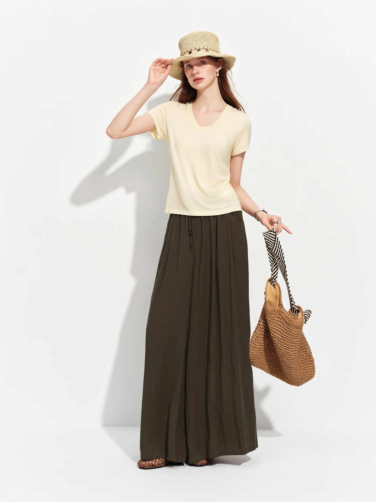 FSLE 2026 Summer Women's Soft Skin-Friendly Short Sleeve U-Neck & Round Neck Structured Shoulder Tee