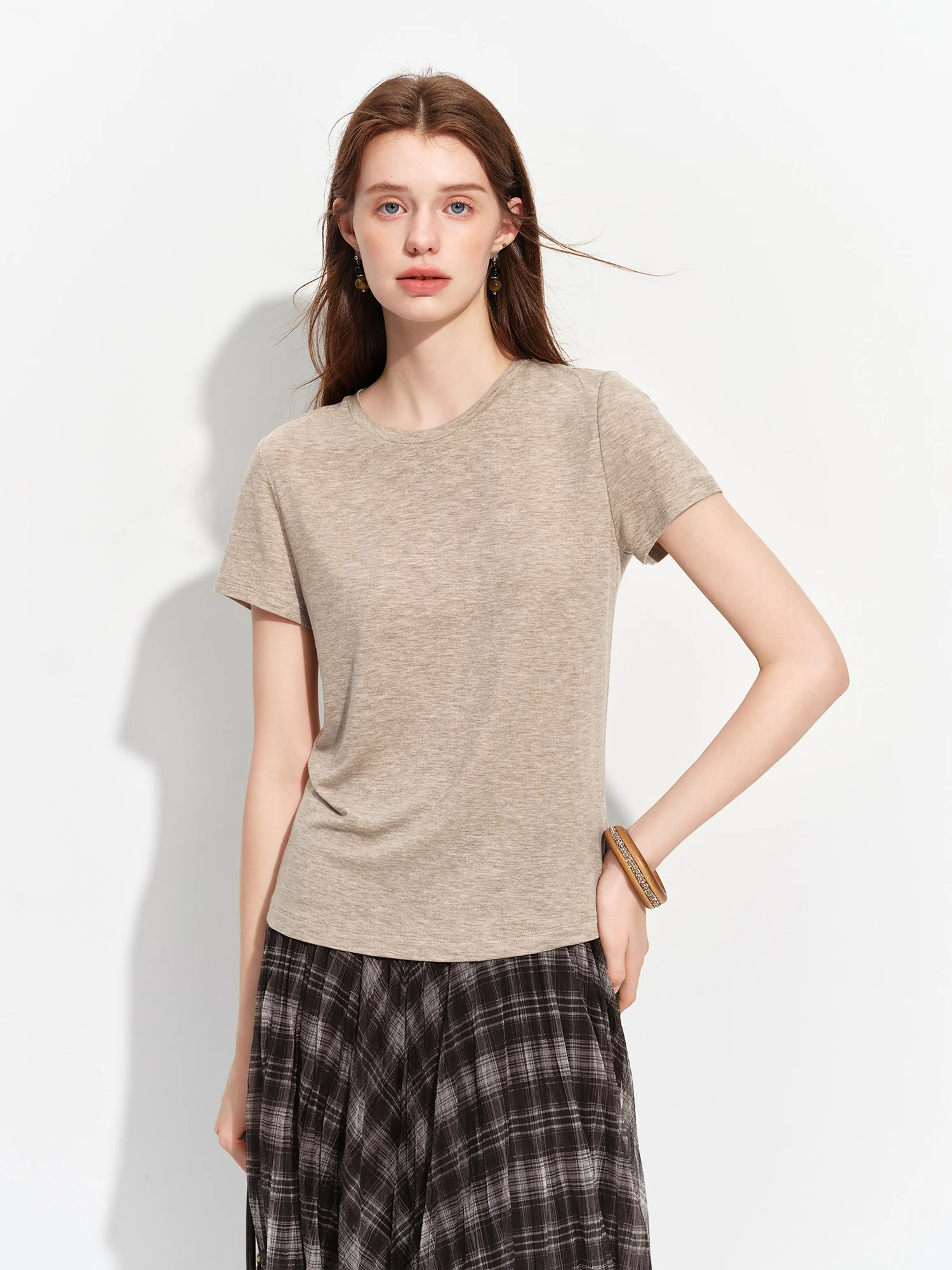 FSLE 2026 Summer Women's Soft Skin-Friendly Short Sleeve U-Neck & Round Neck Structured Shoulder Tee