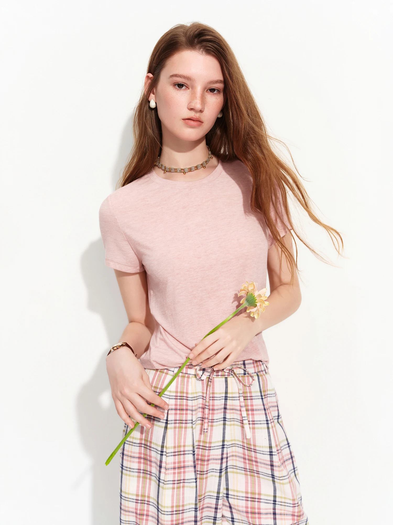 FSLE 2026 Summer Women's Soft Skin-Friendly Short Sleeve U-Neck & Round Neck Structured Shoulder Tee