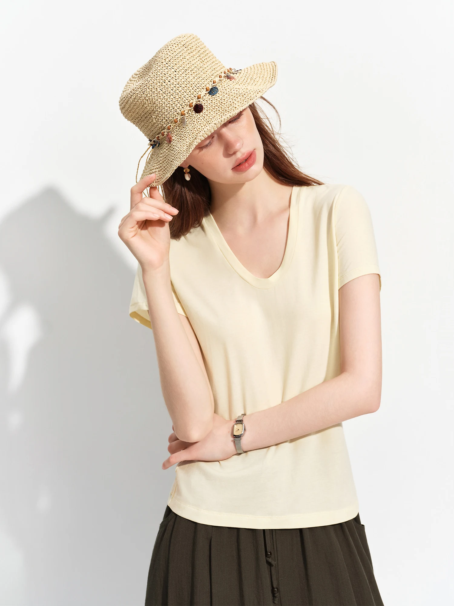 FSLE 2026 Summer Women's Soft Skin-Friendly Short Sleeve U-Neck & Round Neck Structured Shoulder Tee