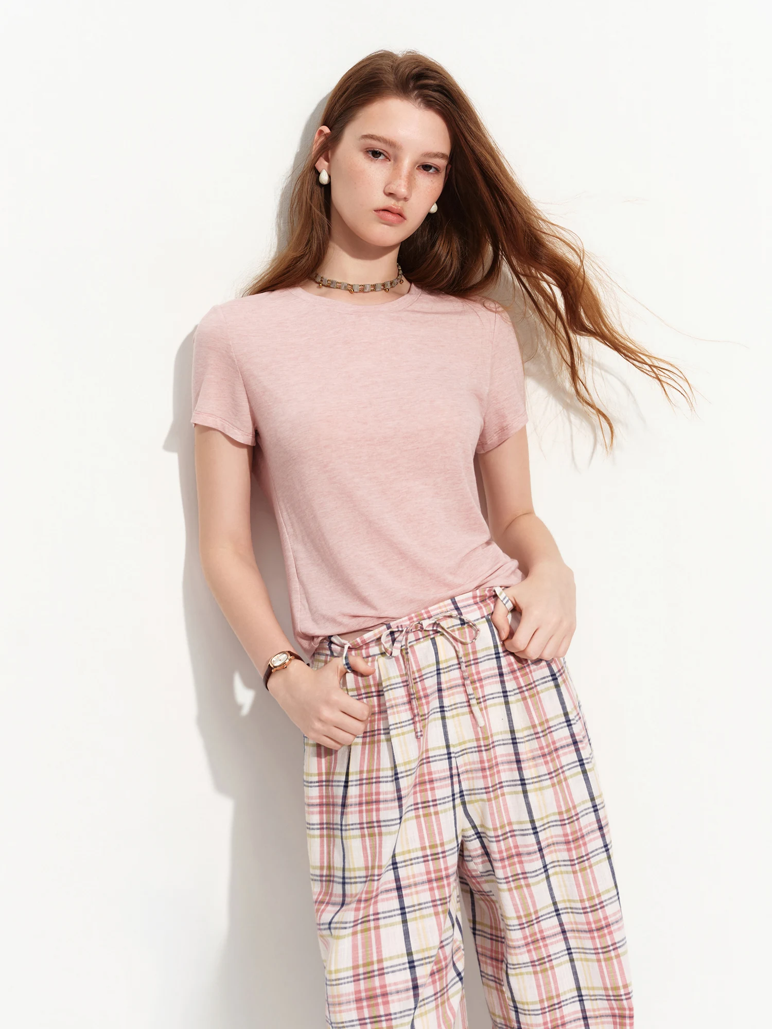FSLE 2026 Summer Women's Soft Skin-Friendly Short Sleeve U-Neck & Round Neck Structured Shoulder Tee