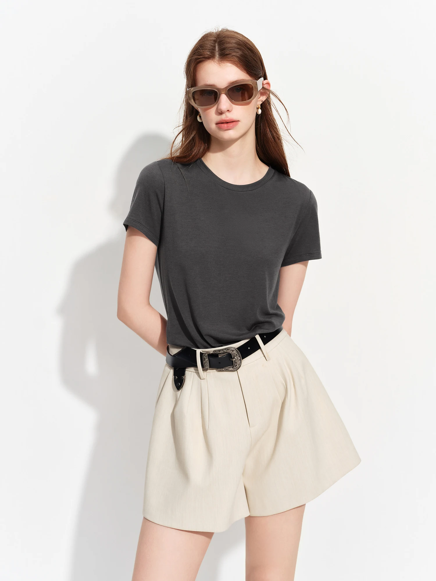 FSLE 2026 Summer Women's Soft Skin-Friendly Short Sleeve U-Neck & Round Neck Structured Shoulder Tee
