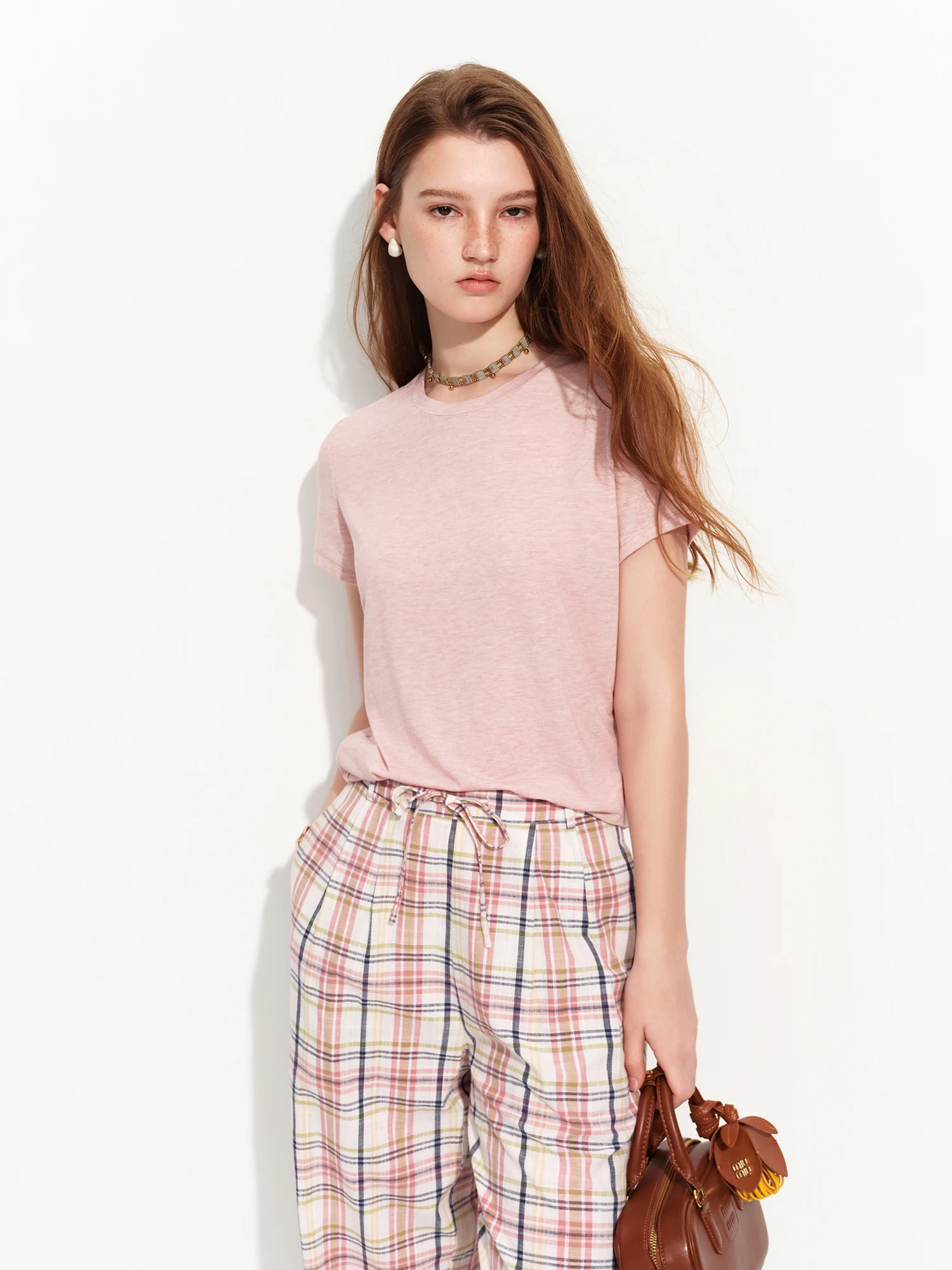 FSLE 2026 Summer Women's Soft Skin-Friendly Short Sleeve U-Neck & Round Neck Structured Shoulder Tee