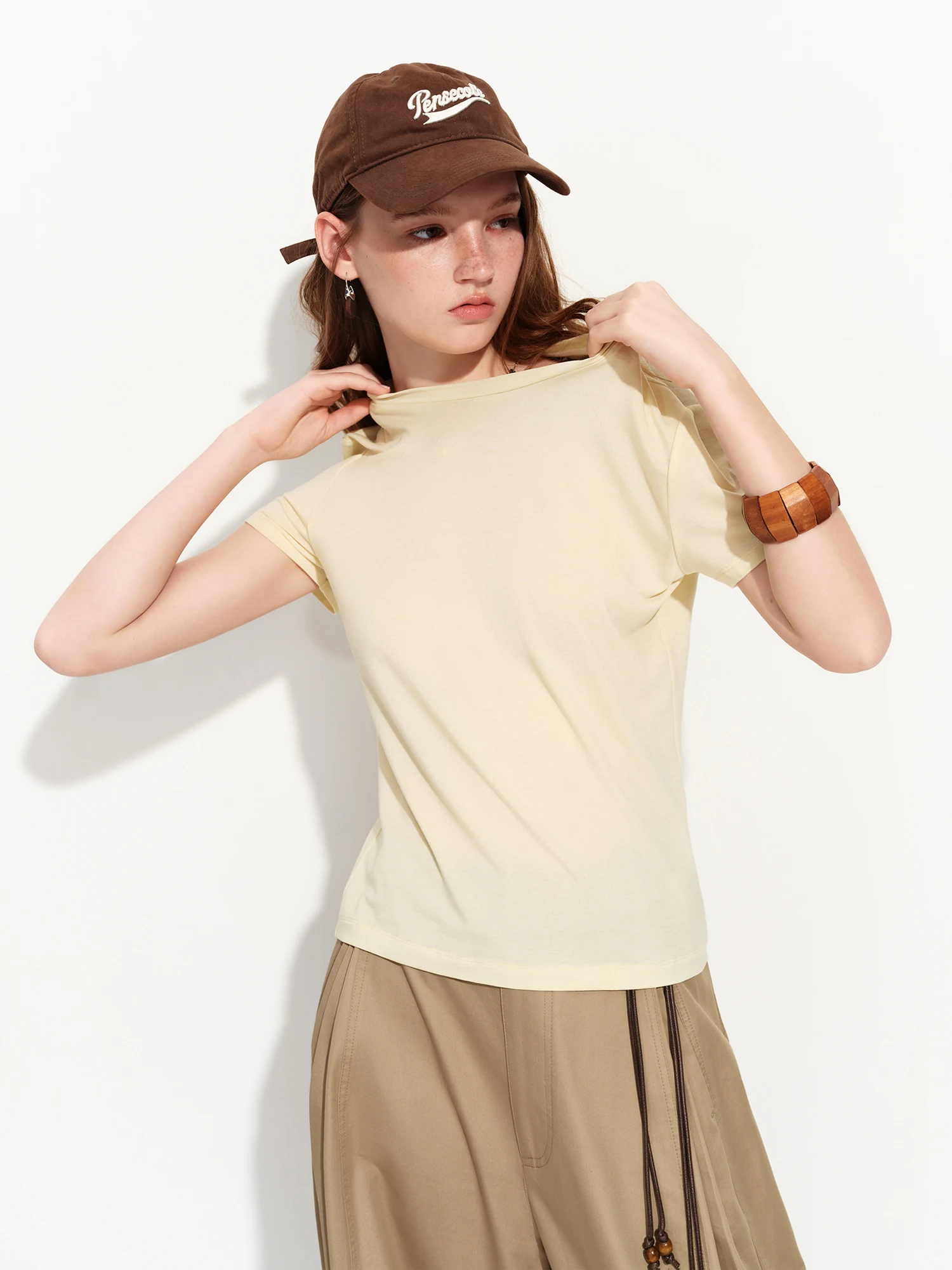 FSLE 2026 Summer Women's Soft Skin-Friendly Short Sleeve U-Neck & Round Neck Structured Shoulder Tee