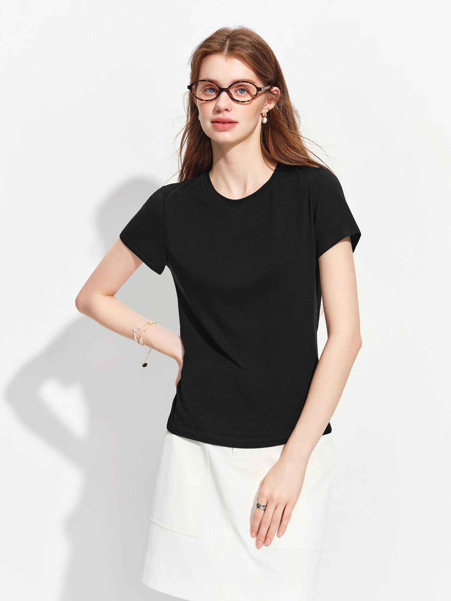 FSLE 2026 Summer Women's Soft Skin-Friendly Short Sleeve U-Neck & Round Neck Structured Shoulder Tee