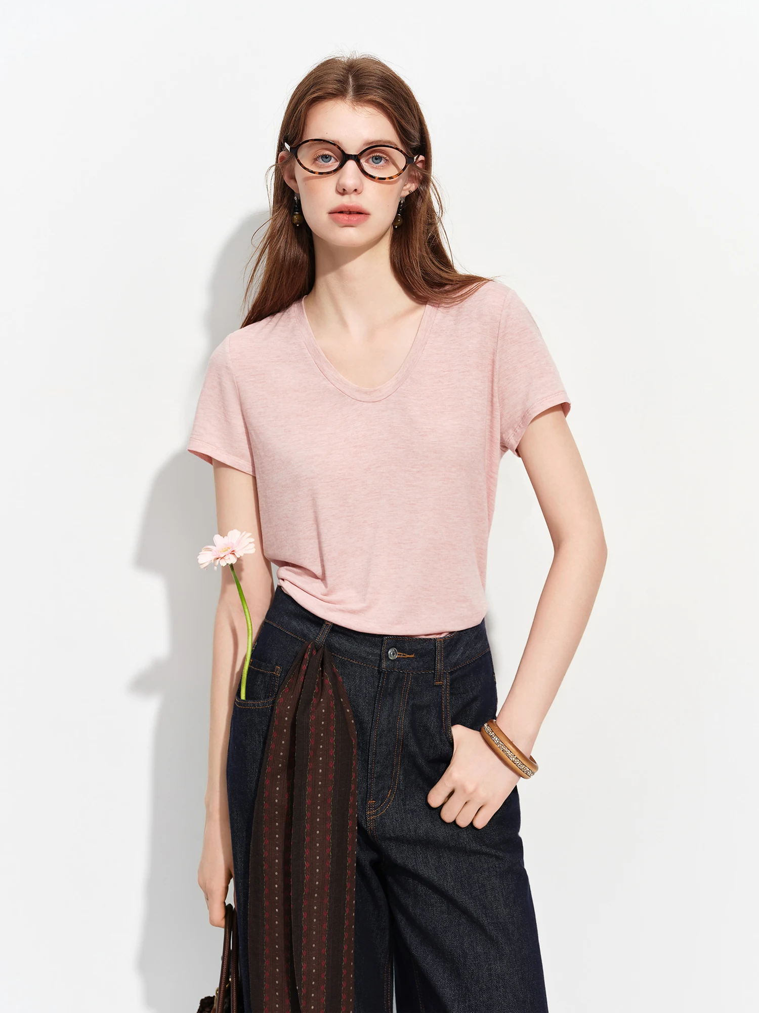 FSLE 2026 Summer Women's Soft Skin-Friendly Short Sleeve U-Neck & Round Neck Structured Shoulder Tee