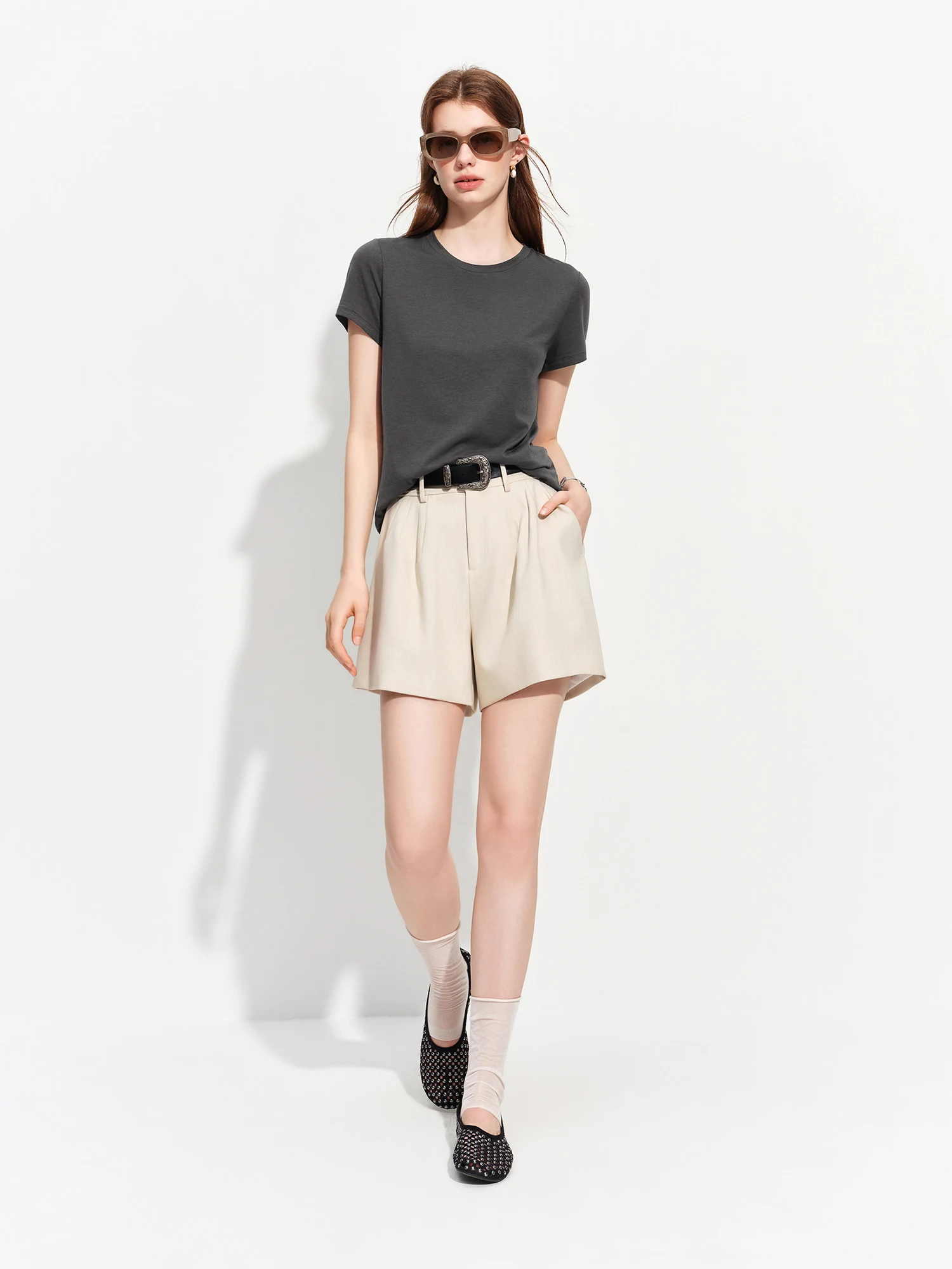 FSLE 2026 Summer Women's Soft Skin-Friendly Short Sleeve U-Neck & Round Neck Structured Shoulder Tee
