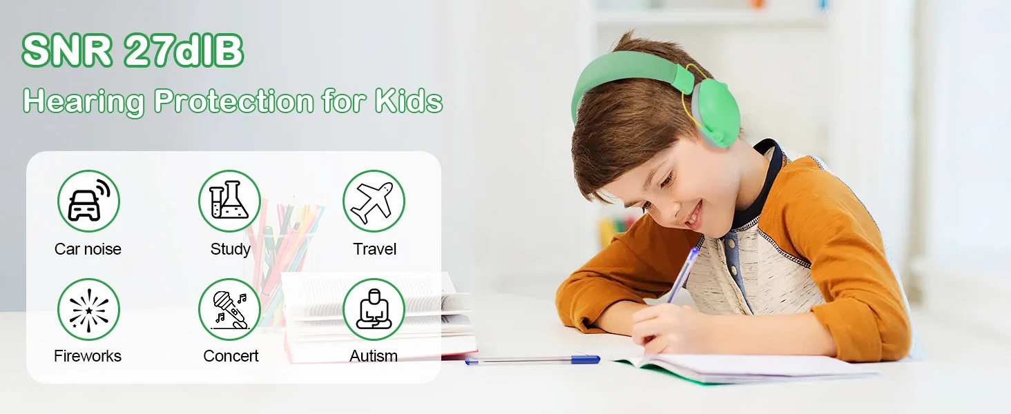 YHKEMA Noise Cancelling Headphones for Kids, SNR 27dB Safety Noise Reduction Ear Muffs for Autism Sensory &Concentration Aid