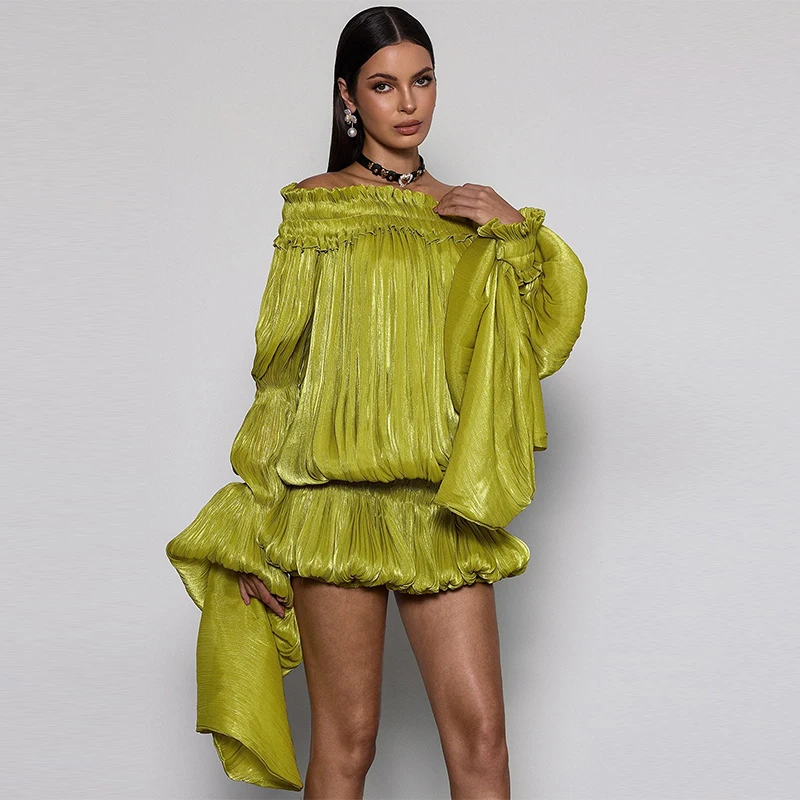 Fashion Off Shoulder Satin Ruffled Dress Set Elegant Puff Long Sleeve Irregular Hem Mini Skirt 2026 NEW Summer Lady Vestidos
