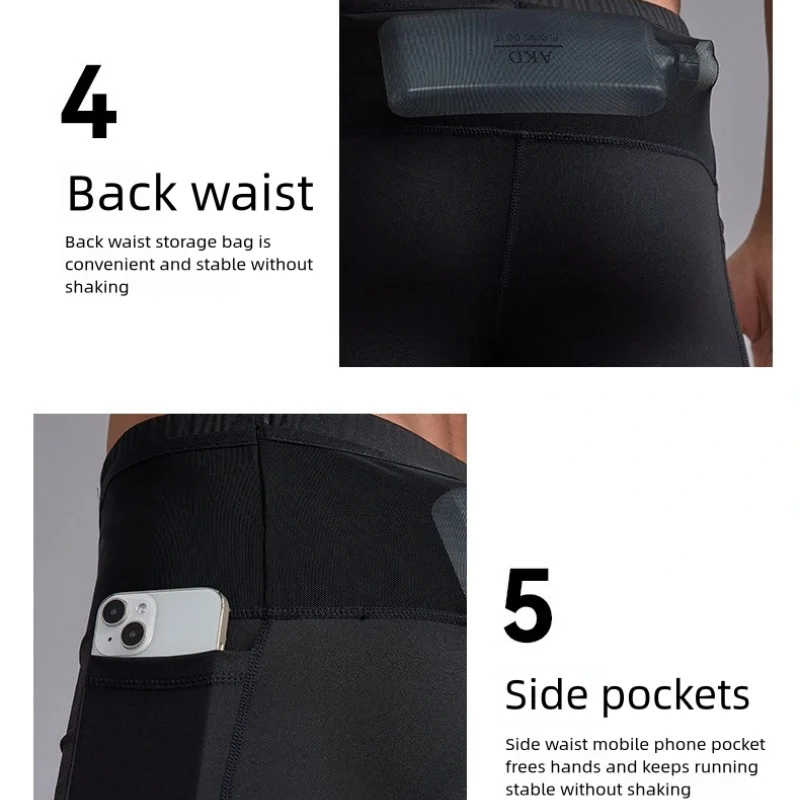 Men Compression Marathon Running Shorts with Waist Pack Quick Dry Trainning Exercise Fitness Sport Tight Shorts