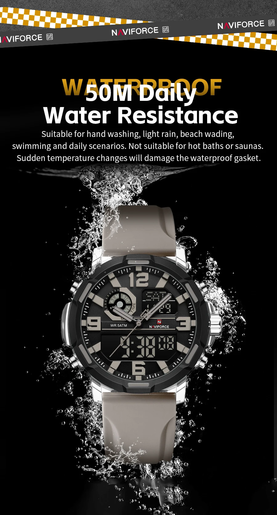 NAVIFORCE Men Military Quartz Watch 50M Waterproof Sports Wristwatch Slate Gray Dial White Arabic Numeral Scale Male Watch