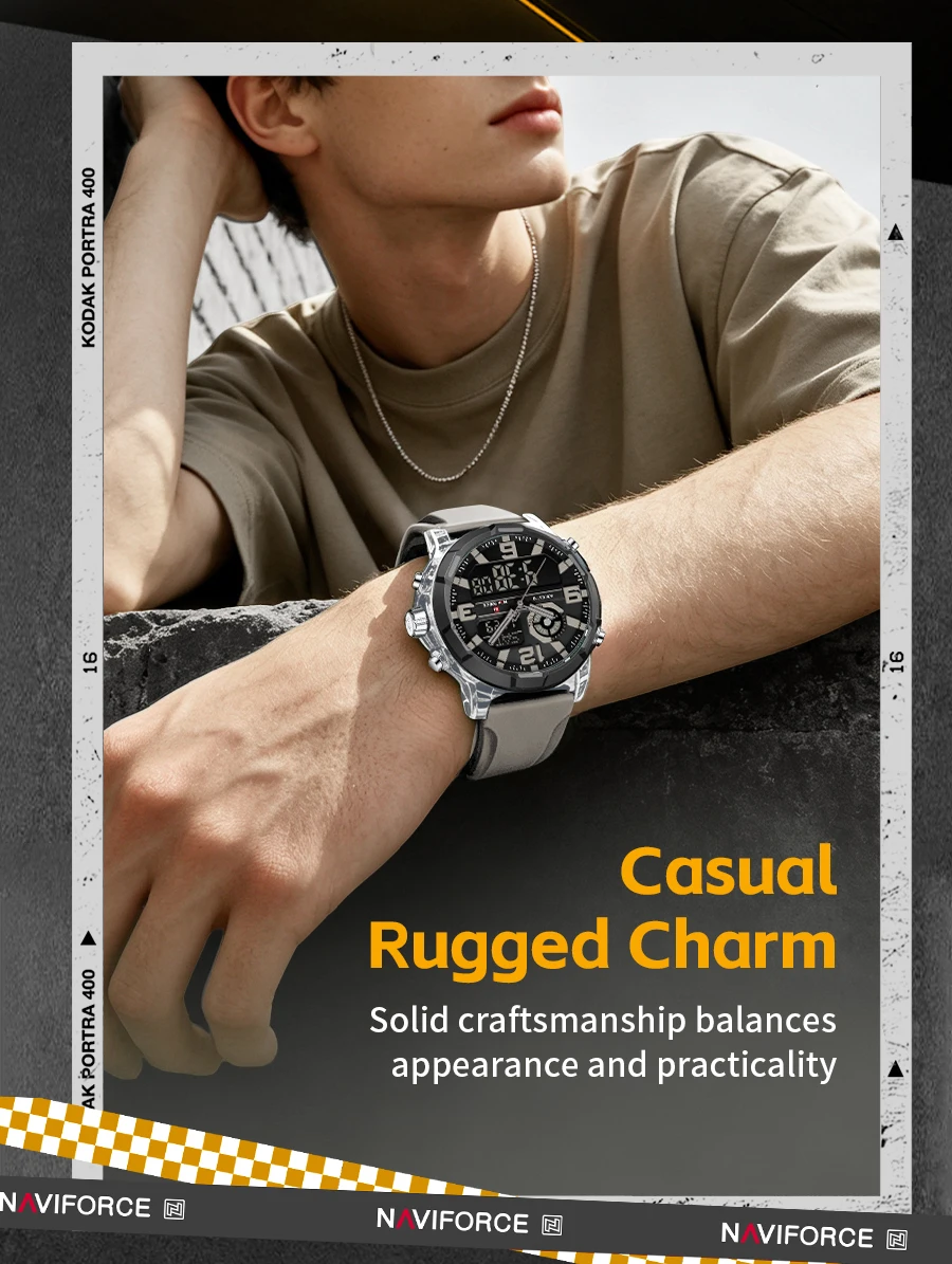 NAVIFORCE Men Military Quartz Watch 50M Waterproof Sports Wristwatch Slate Gray Dial White Arabic Numeral Scale Male Watch