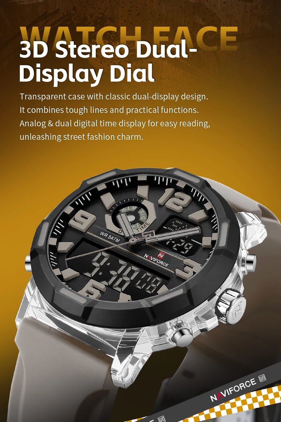 NAVIFORCE Men Military Quartz Watch 50M Waterproof Sports Wristwatch Slate Gray Dial White Arabic Numeral Scale Male Watch