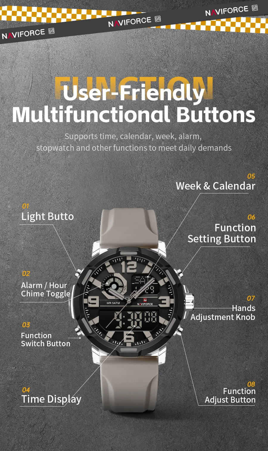 NAVIFORCE Men Military Quartz Watch 50M Waterproof Sports Wristwatch Slate Gray Dial White Arabic Numeral Scale Male Watch