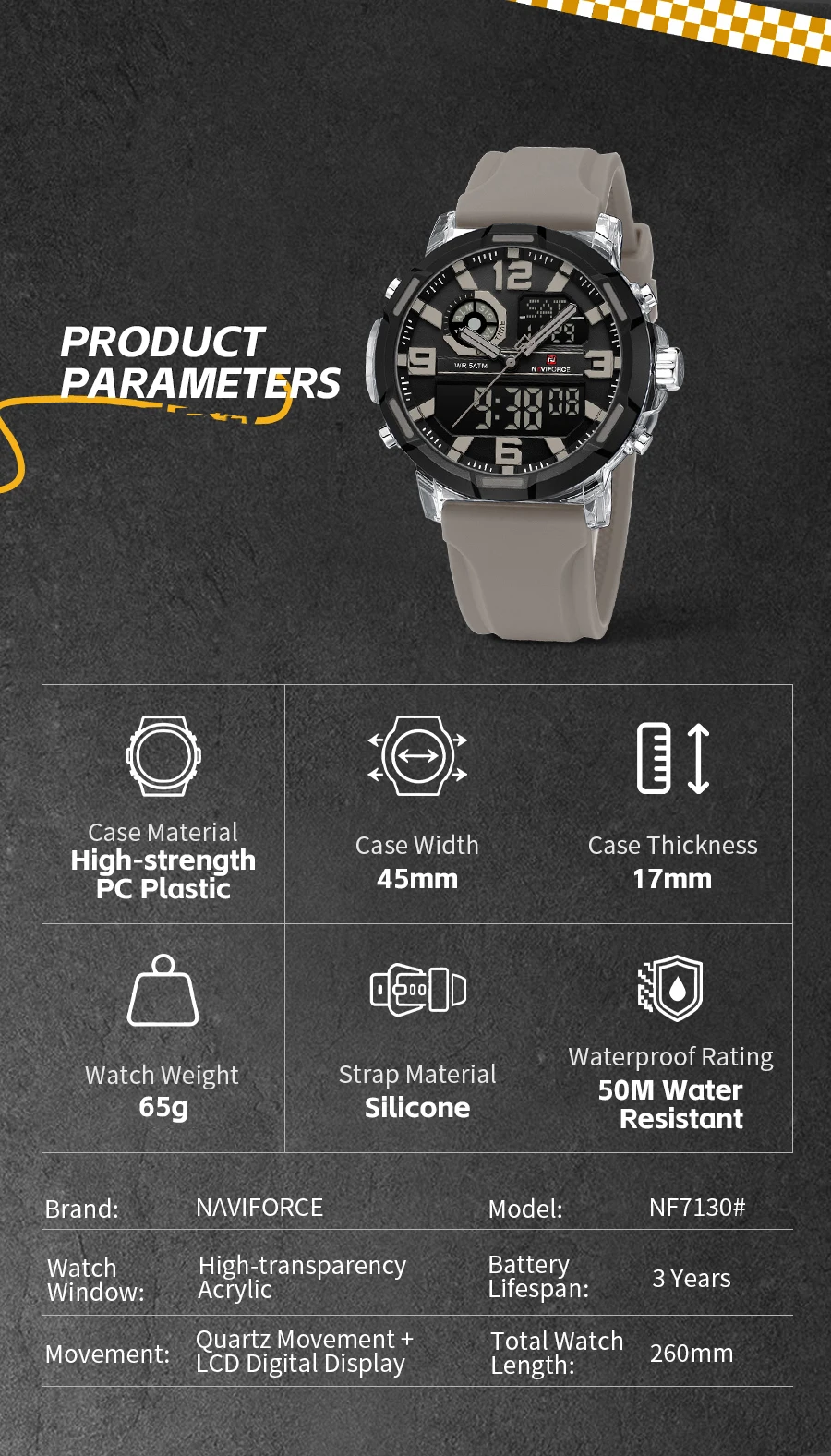 NAVIFORCE Men Military Quartz Watch 50M Waterproof Sports Wristwatch Slate Gray Dial White Arabic Numeral Scale Male Watch