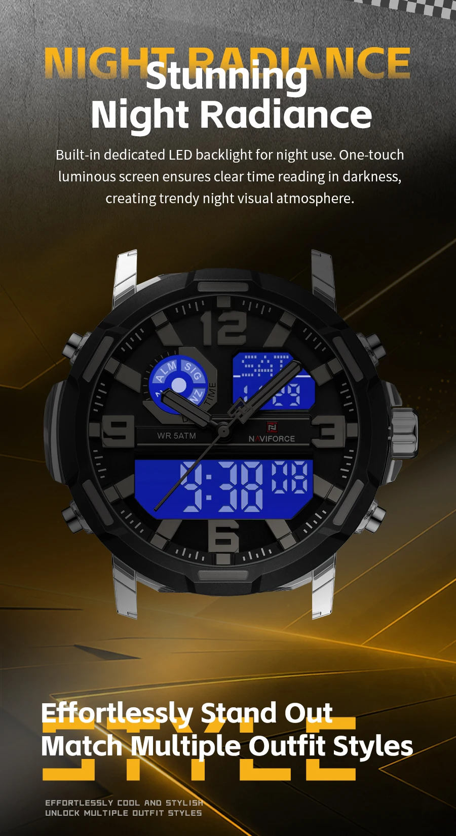 NAVIFORCE Men Military Quartz Watch 50M Waterproof Sports Wristwatch Slate Gray Dial White Arabic Numeral Scale Male Watch