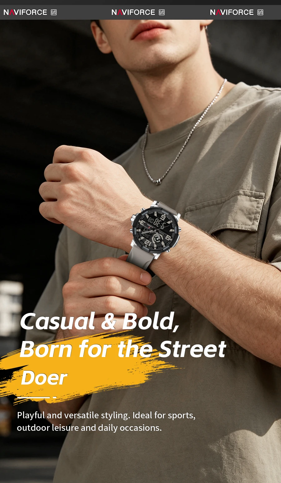 NAVIFORCE Men Military Quartz Watch 50M Waterproof Sports Wristwatch Slate Gray Dial White Arabic Numeral Scale Male Watch
