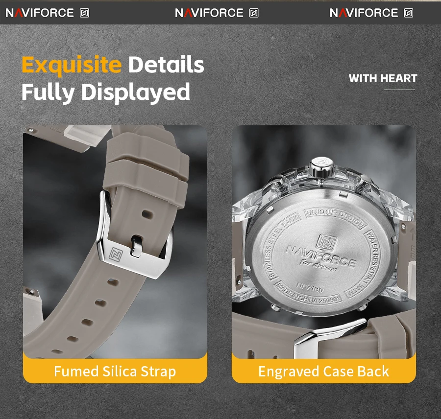 NAVIFORCE Men Military Quartz Watch 50M Waterproof Sports Wristwatch Slate Gray Dial White Arabic Numeral Scale Male Watch