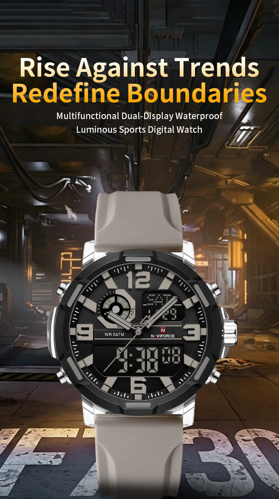 NAVIFORCE Men Military Quartz Watch 50M Waterproof Sports Wristwatch Slate Gray Dial White Arabic Numeral Scale Male Watch