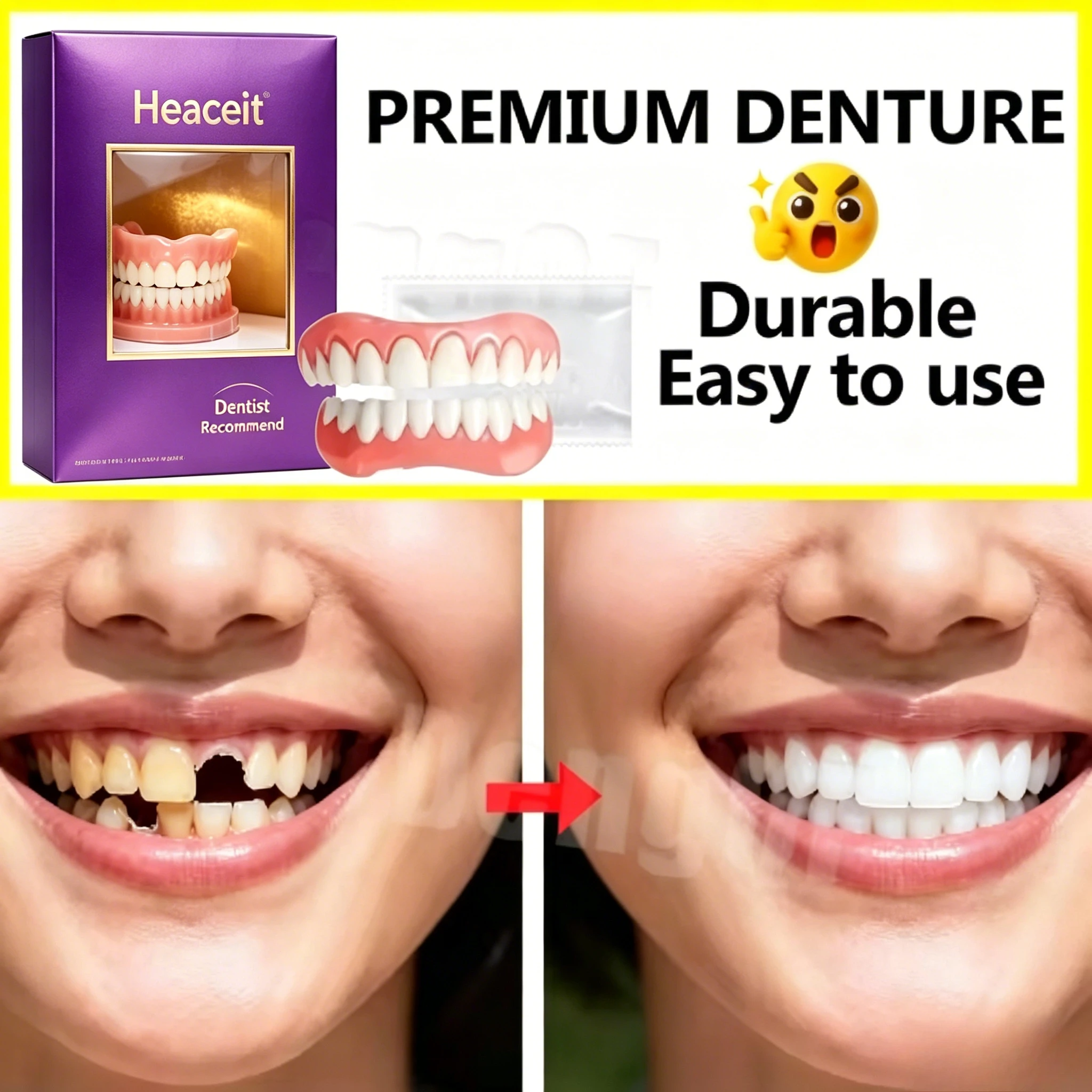 Comfort Silicone Dentures, Unisex Upper/Lower Teeth, DIY Temporary Fix for Confident Smile in Minutes