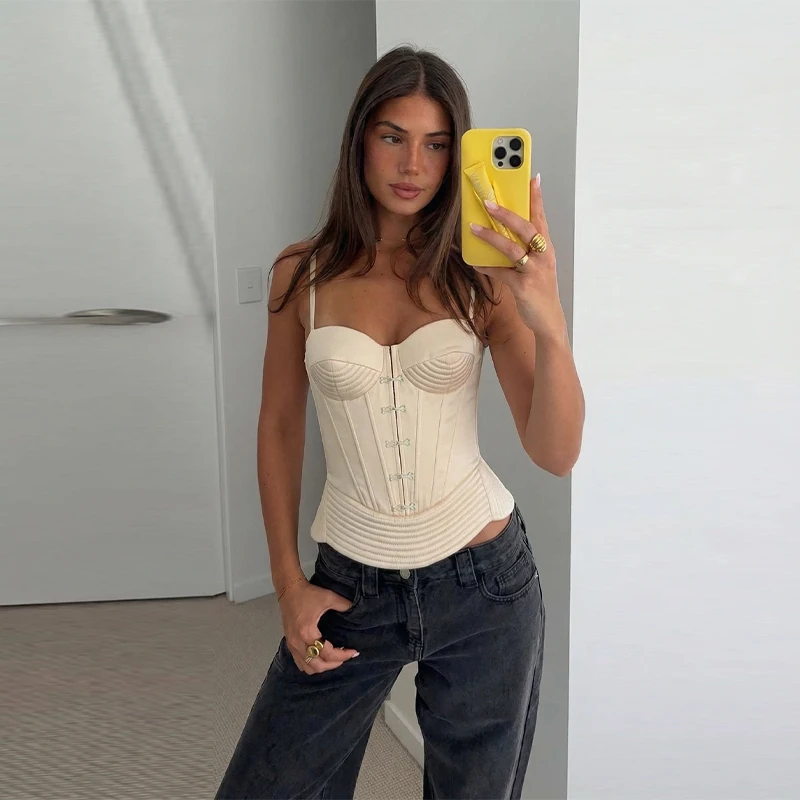 Sexy Fishbone Spaghetti Strap Corset Women's Slim Waist-cinching Backless Lace-up Tank Tops 2026 Summer New Female Pleated Top