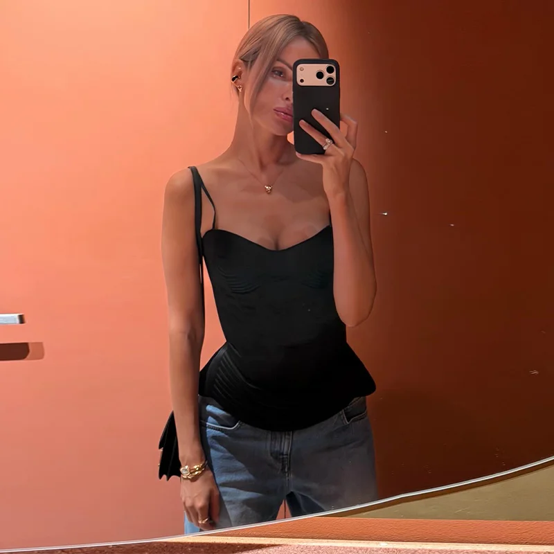 Sexy Fishbone Spaghetti Strap Corset Women's Slim Waist-cinching Backless Lace-up Tank Tops 2026 Summer New Female Pleated Top