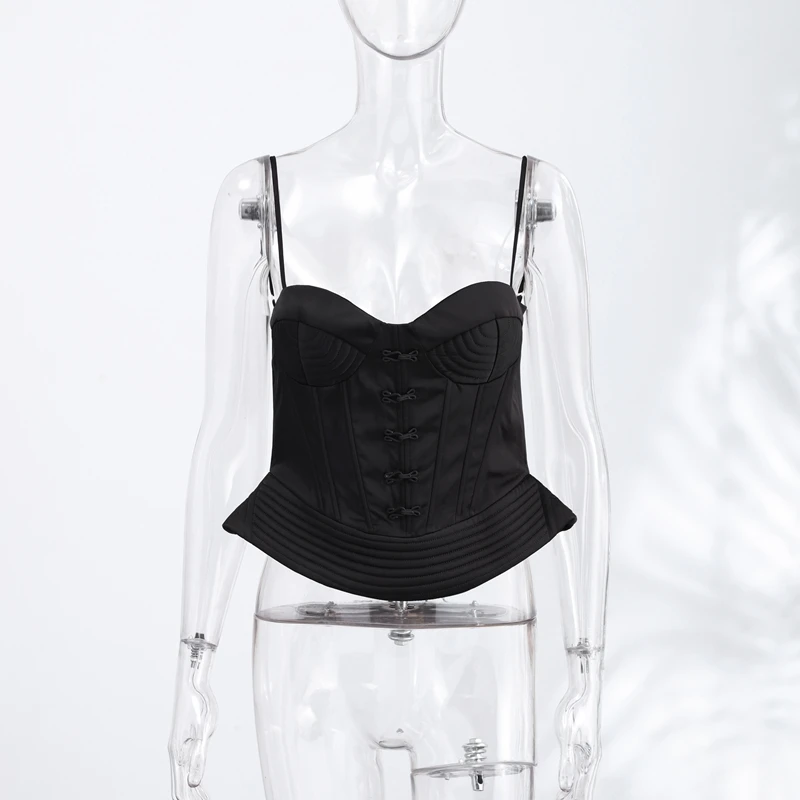 Sexy Fishbone Spaghetti Strap Corset Women's Slim Waist-cinching Backless Lace-up Tank Tops 2026 Summer New Female Pleated Top