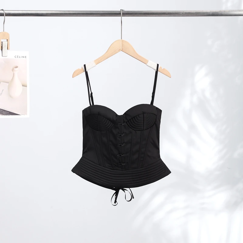Sexy Fishbone Spaghetti Strap Corset Women's Slim Waist-cinching Backless Lace-up Tank Tops 2026 Summer New Female Pleated Top