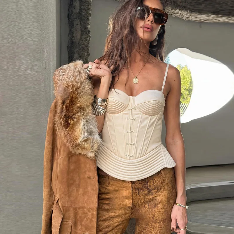 Sexy Fishbone Spaghetti Strap Corset Women's Slim Waist-cinching Backless Lace-up Tank Tops 2026 Summer New Female Pleated Top