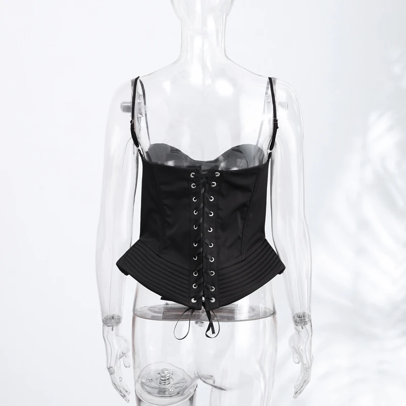 Sexy Fishbone Spaghetti Strap Corset Women's Slim Waist-cinching Backless Lace-up Tank Tops 2026 Summer New Female Pleated Top