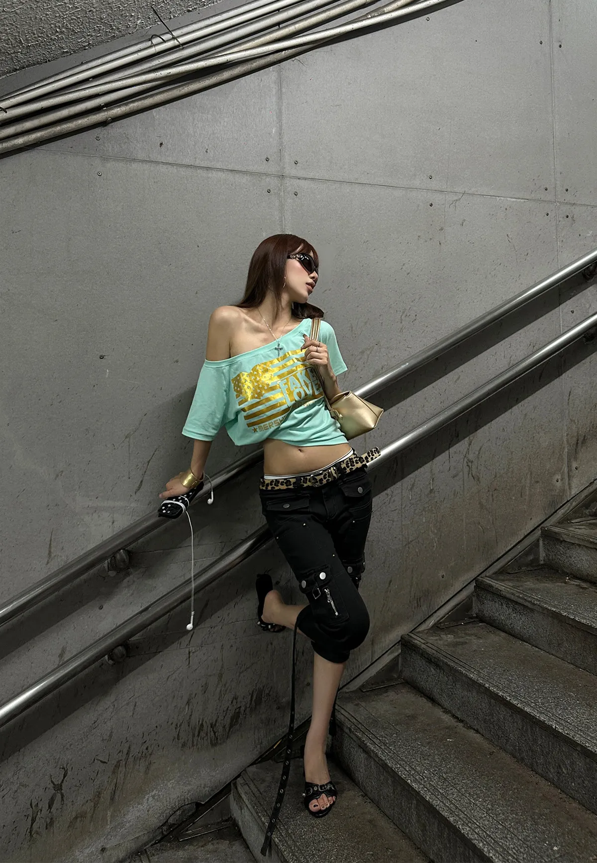 Karrram Japanese Y2k Off Shoulder T-shirt Trashy 2000s Letter Print Tops Slash Neck Vintage Harajuku Streetwear American Retro