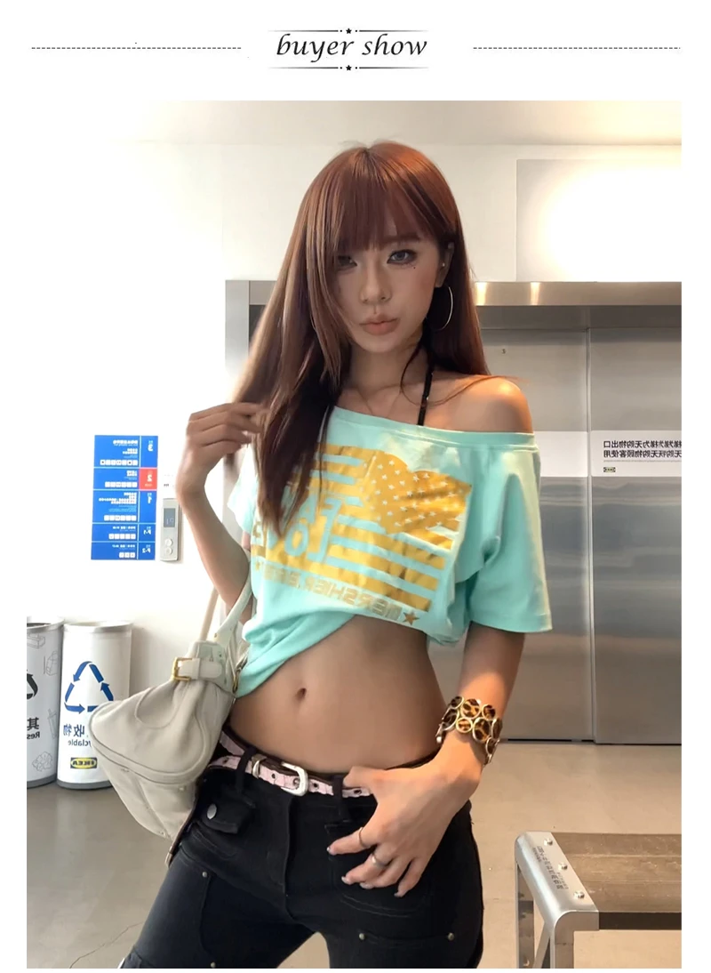 Karrram Japanese Y2k Off Shoulder T-shirt Trashy 2000s Letter Print Tops Slash Neck Vintage Harajuku Streetwear American Retro