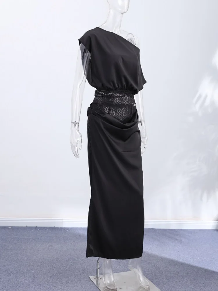 Luxury Lace Two-Piece Set Women Asymmetric One Shoulder Lace Waist Cutout Mermaid Silhouette Dress Lady's Evening Party Frock