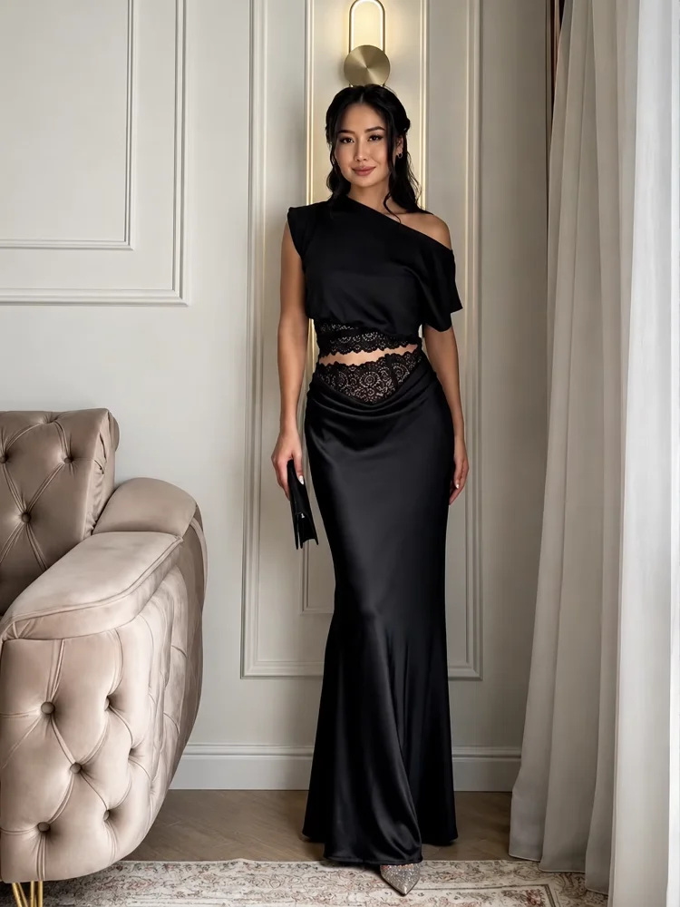 Luxury Lace Two-Piece Set Women Asymmetric One Shoulder Lace Waist Cutout Mermaid Silhouette Dress Lady's Evening Party Frock