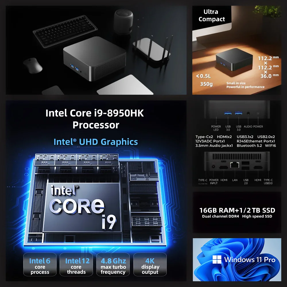 Mini PC Windows 11 Intel Core I9 10980HK/Intel N150/i7 4510U/i3 6100 16GB RAM 1TB 2TB SSD Portable PC Gamer Computer WIFI 6 BT5.2 4K Mini Gaming Pc Desktop