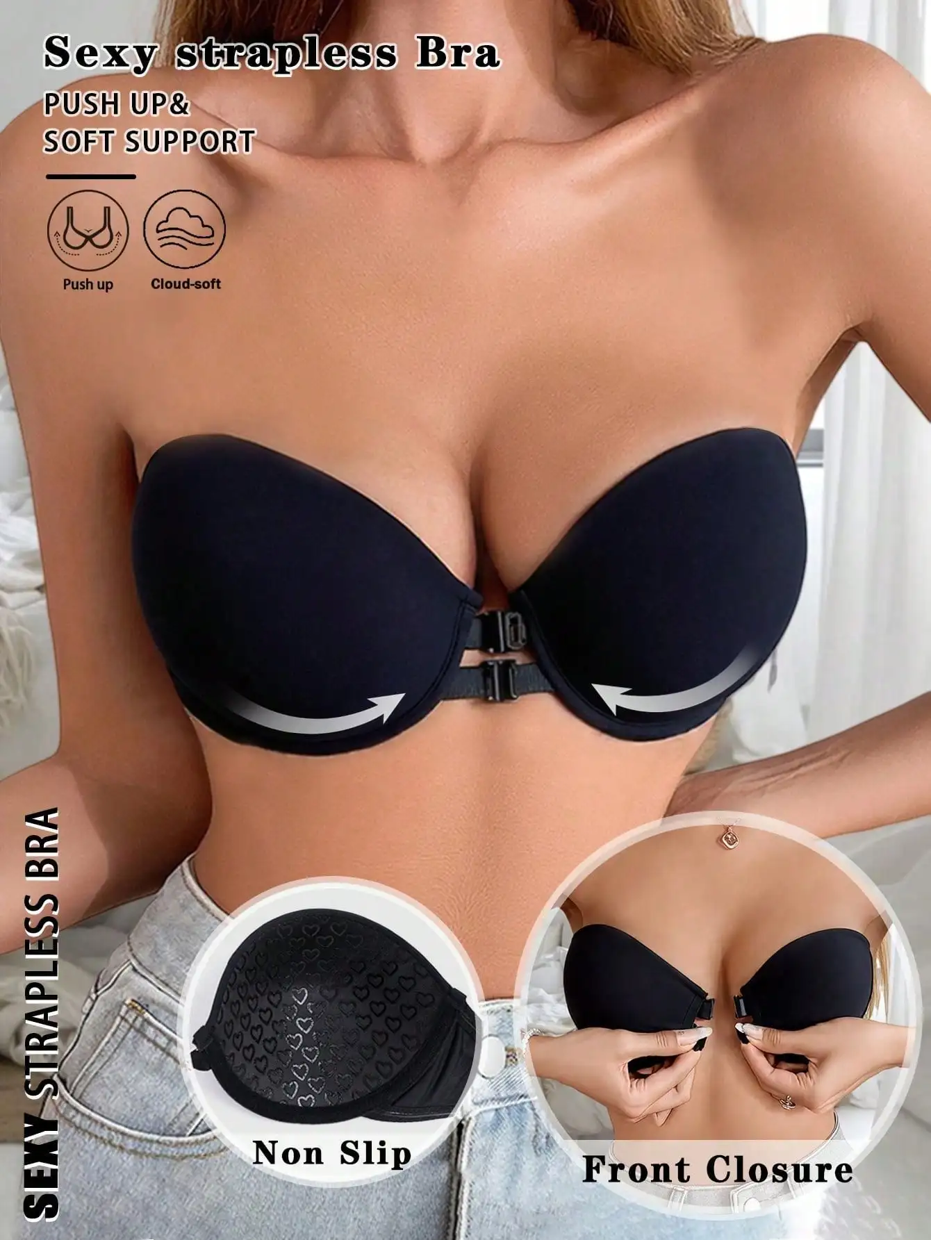 Strapless Bra Front Closure Push Up Bras For Women Heart Pattern Cup Backless Invisible Strapless Underwear Sexy Lingerie