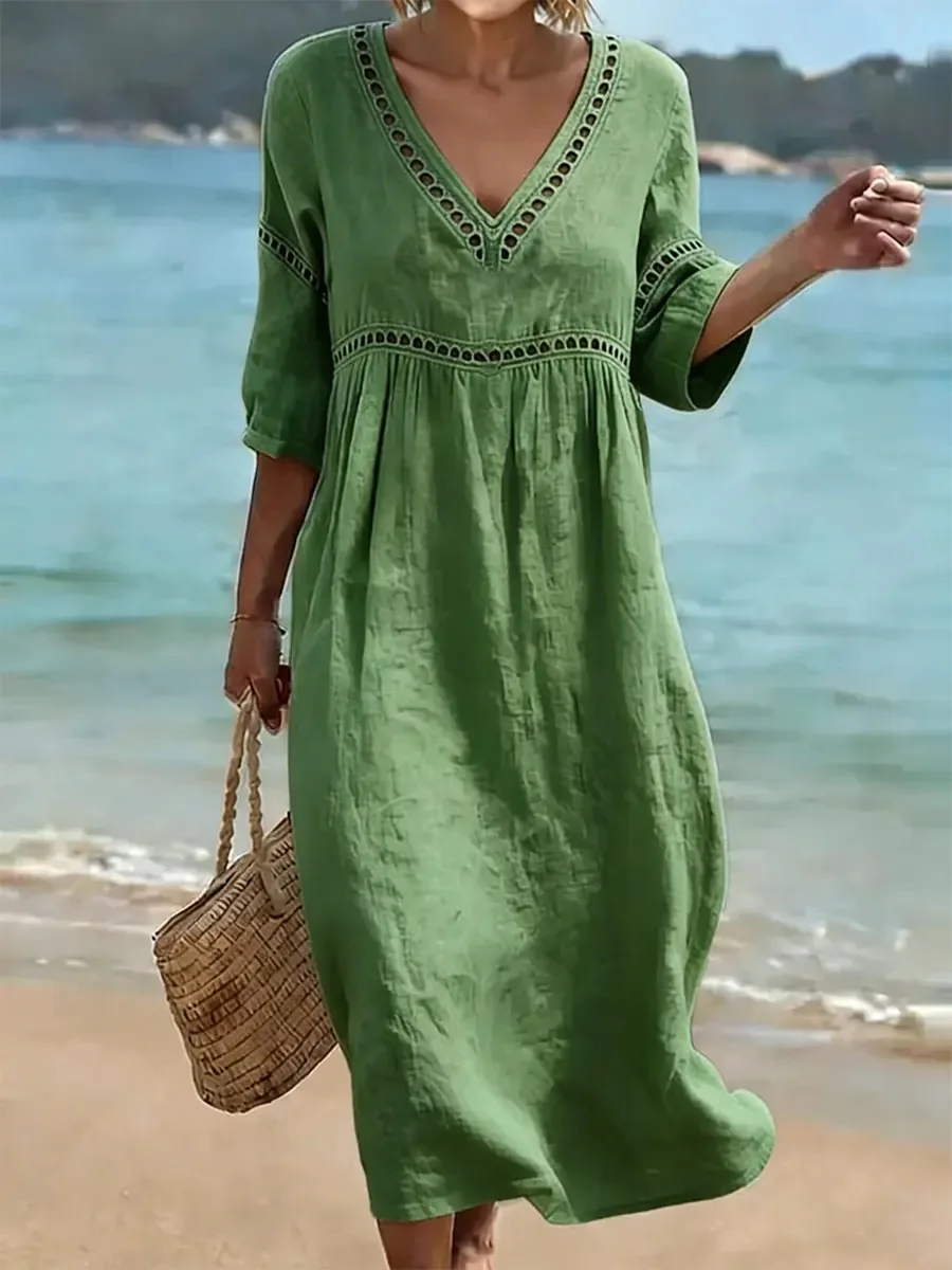 Spring Summer New Women V Neck Dress European American Style Solid Color Elegant Casual Daily Dress