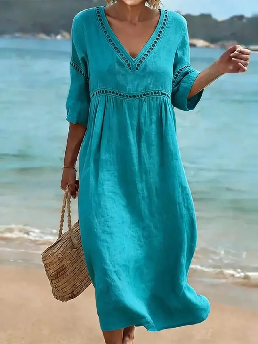 Spring Summer New Women V Neck Dress European American Style Solid Color Elegant Casual Daily Dress