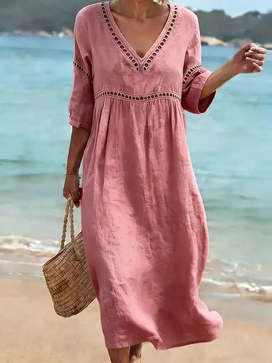 Spring Summer New Women V Neck Dress European American Style Solid Color Elegant Casual Daily Dress