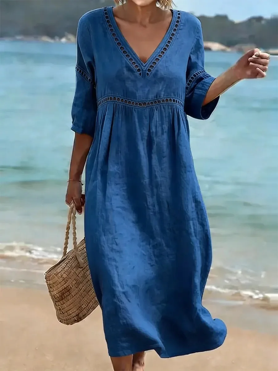 Spring Summer New Women V Neck Dress European American Style Solid Color Elegant Casual Daily Dress