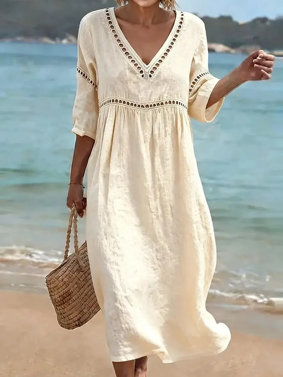 Spring Summer New Women V Neck Dress European American Style Solid Color Elegant Casual Daily Dress