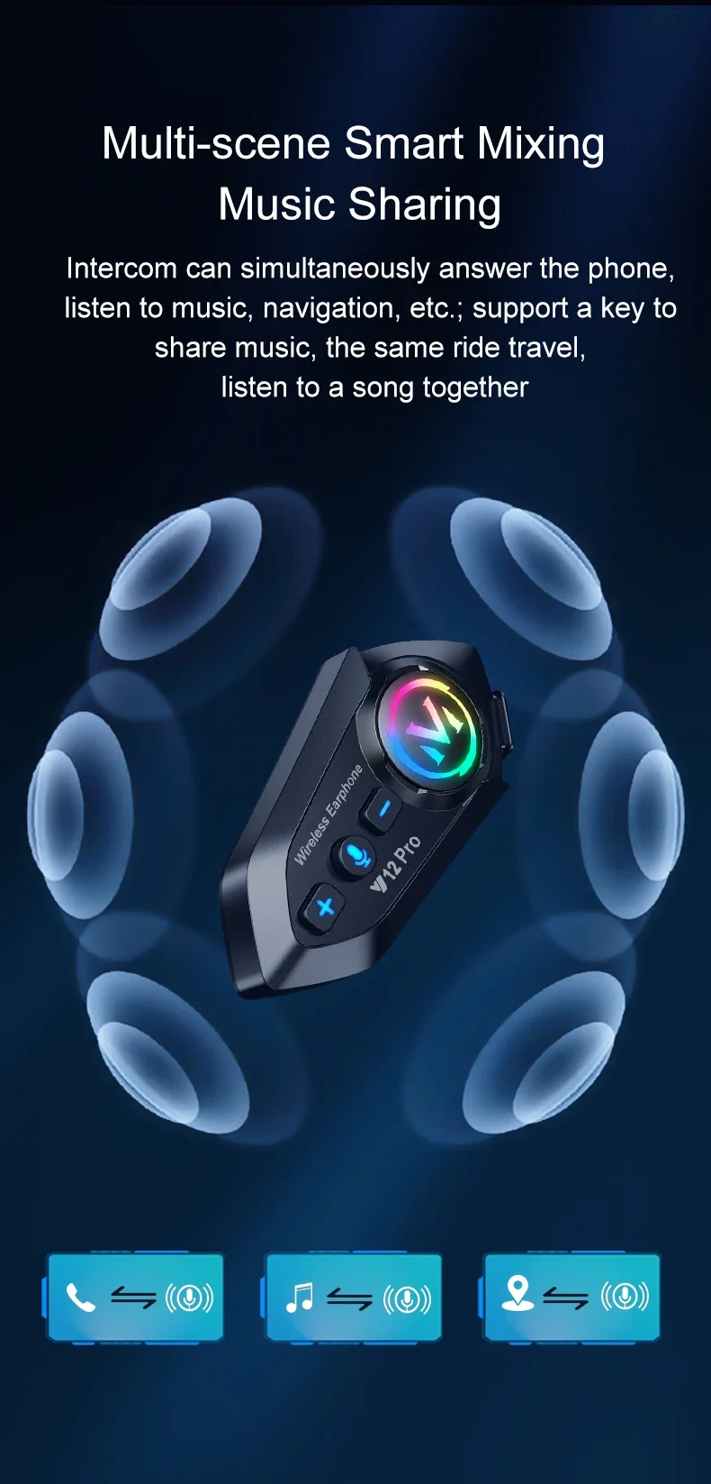 Y12Pro Motorcycle Helmet Intercom Bluetooth Headset Multi-scene Mixing Music Sharing Waterproof Interphone 500M Intercomunicador