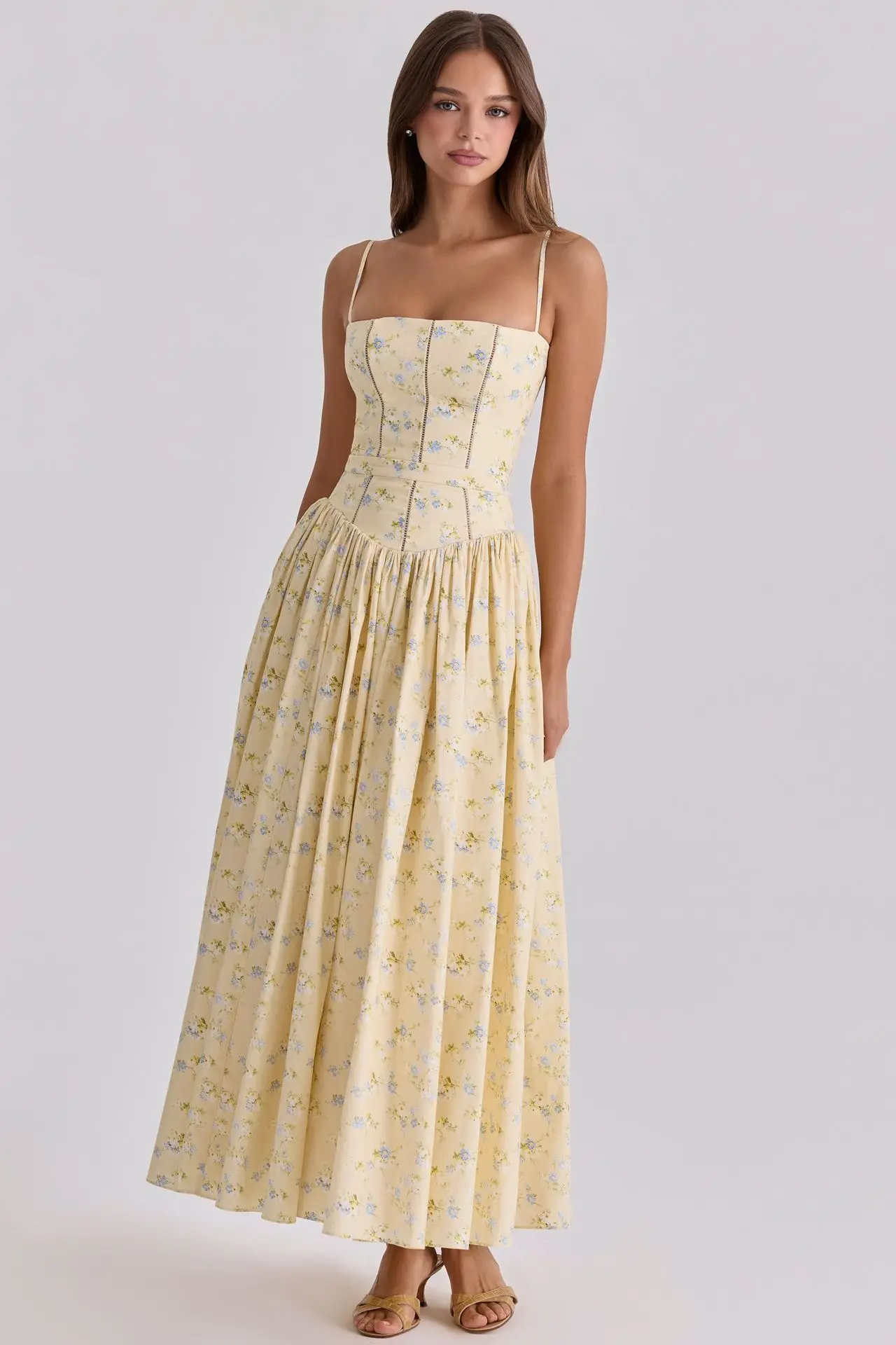 Mingmingxi Women Long Floral Print Spaghetti Strap Maxi Dress Summer Elegant Lace Up Dress Flowy Holiday Party Beach Wear Dress