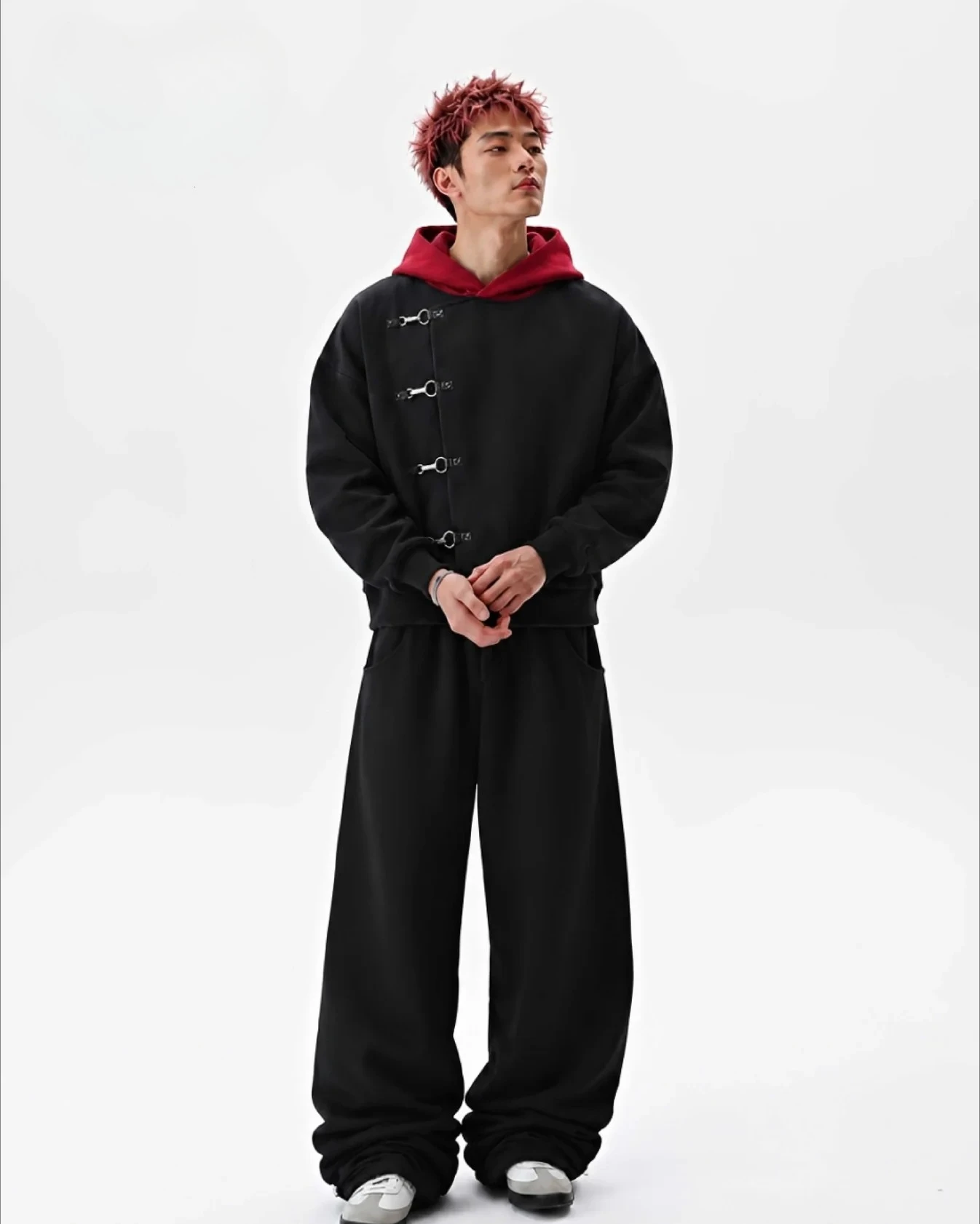 Y2K Red Itadori Hoodie Oversized Black Red Spliced Metal Button Casual Sweatshirt Trendy and Simple Men Women Streetwear Jacket