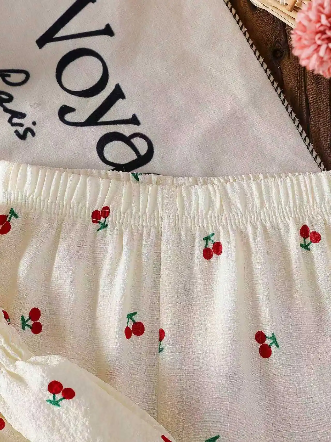 Summer baby girl white cherry print camisole top paired with matching pants in two pieces